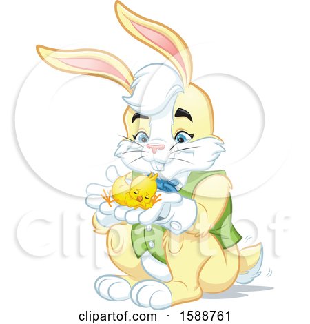 Clipart of a Yellow Easter Bunny Rabbit Holding a Chick - Royalty Free Vector Illustration by Lawrence Christmas Illustration