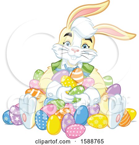 Clipart of a Yellow Easter Bunny Rabbit in a Pile of Eggs - Royalty Free Vector Illustration by Lawrence Christmas Illustration