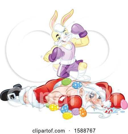Clipart of a Yellow Easter Bunny Rabbit Boxer Standing on Top of Santa After a Knock out - Royalty Free Vector Illustration by Lawrence Christmas Illustration