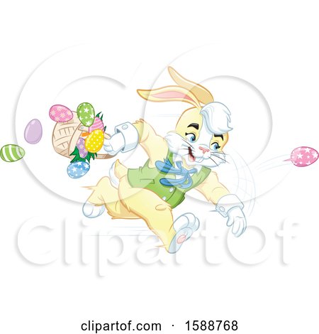 Clipart of a Yellow Easter Bunny Rabbit Running and Throwing Eggs - Royalty Free Vector Illustration by Lawrence Christmas Illustration