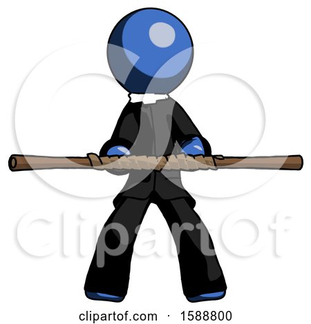 Blue Clergy Man Bo Staff Kung Fu Defense Pose by Leo Blanchette