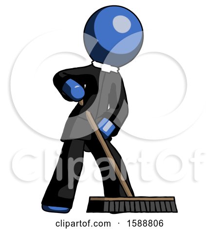 Blue Clergy Man Cleaning Services Janitor Sweeping Floor with Push Broom by Leo Blanchette