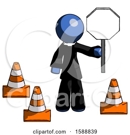 Blue Clergy Man Holding Stop Sign by Traffic Cones Under Construction Concept by Leo Blanchette