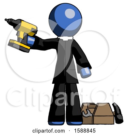 Blue Clergy Man Holding Drill Ready to Work, Toolchest and Tools to Right by Leo Blanchette