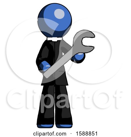 Blue Clergy Man Holding Large Wrench with Both Hands by Leo Blanchette