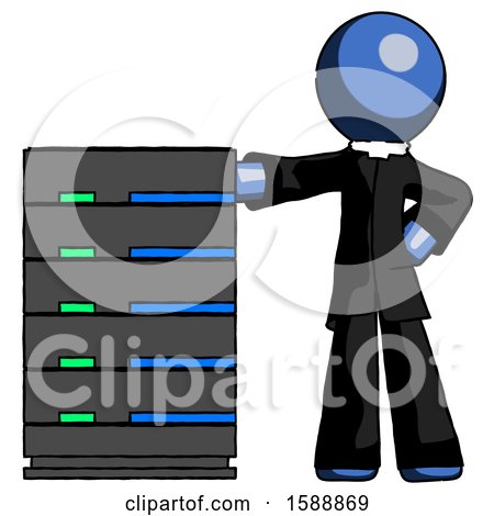 Blue Clergy Man with Server Rack Leaning Confidently Against It by Leo Blanchette