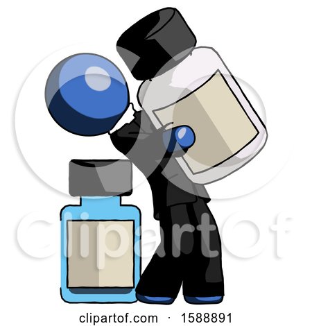Blue Clergy Man Holding Large White Medicine Bottle with Bottle in Background by Leo Blanchette