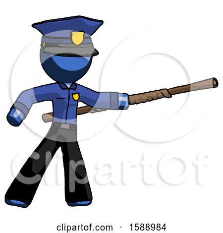 Blue Police Man Bo Staff Pointing Right Kung Fu Pose by Leo Blanchette