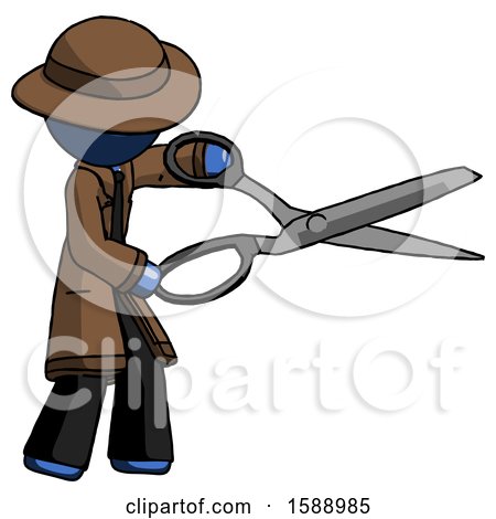 Blue Detective Man Holding Giant Scissors Cutting out Something by Leo Blanchette