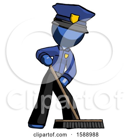 Blue Police Man Cleaning Services Janitor Sweeping Floor with Push Broom by Leo Blanchette