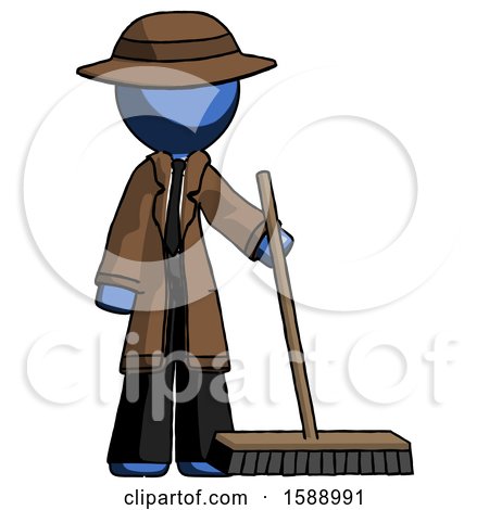 Blue Detective Man Standing with Industrial Broom by Leo Blanchette