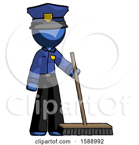 Blue Police Man Standing with Industrial Broom by Leo Blanchette