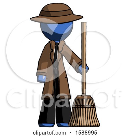 Blue Detective Man Standing with Broom Cleaning Services by Leo Blanchette