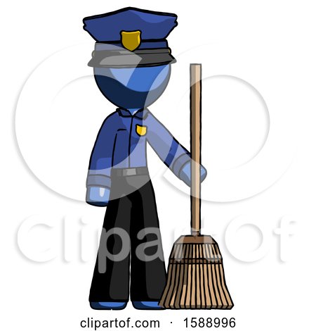 Blue Police Man Standing with Broom Cleaning Services by Leo Blanchette