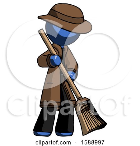 Blue Detective Man Sweeping Area with Broom by Leo Blanchette