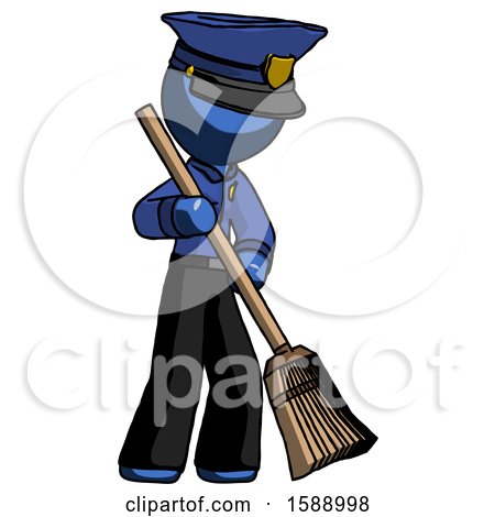 Blue Police Man Sweeping Area with Broom by Leo Blanchette