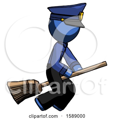 Blue Police Man Flying on Broom by Leo Blanchette
