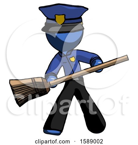 Blue Police Man Broom Fighter Defense Pose by Leo Blanchette