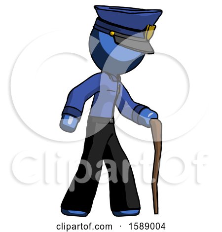 Blue Police Man Walking with Hiking Stick by Leo Blanchette