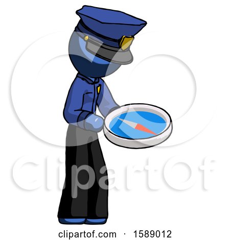 Blue Police Man Looking at Large Compass Facing Right by Leo Blanchette