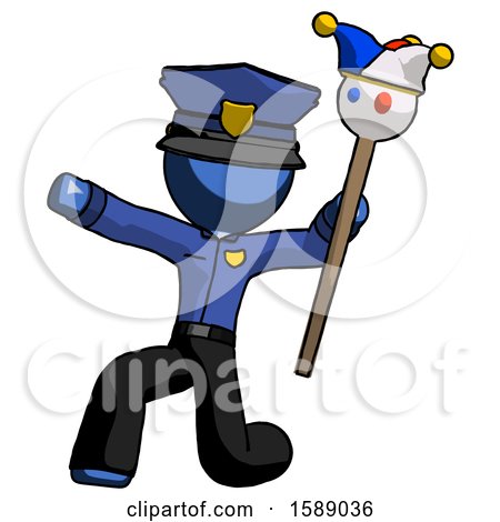 Blue Police Man Holding Jester Staff Posing Charismatically by Leo Blanchette