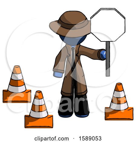 Blue Detective Man Holding Stop Sign by Traffic Cones Under Construction Concept by Leo Blanchette