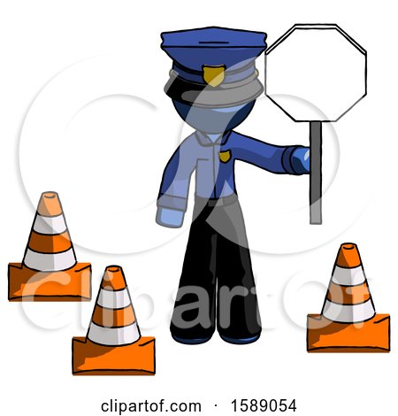 Blue Police Man Holding Stop Sign by Traffic Cones Under Construction Concept by Leo Blanchette