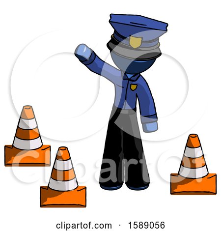Blue Police Man Standing by Traffic Cones Waving by Leo Blanchette
