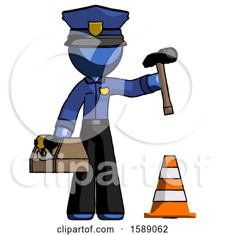 Blue Police Man Under Construction Concept, Traffic Cone and Tools by Leo Blanchette