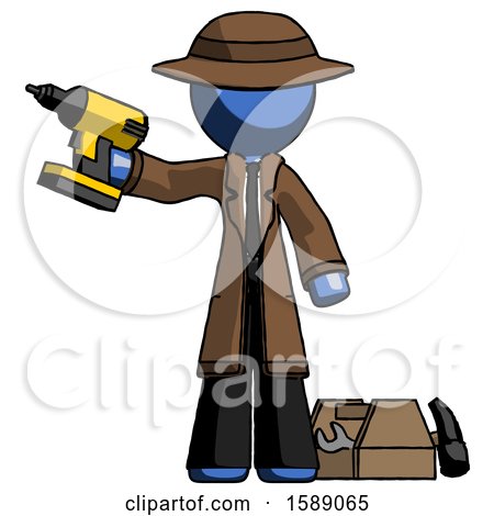 Blue Detective Man Holding Drill Ready to Work, Toolchest and Tools to Right by Leo Blanchette