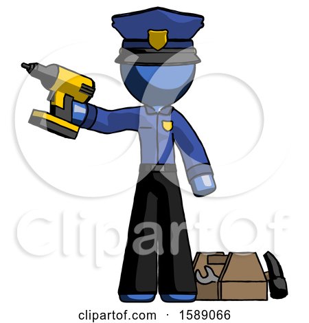 Blue Police Man Holding Drill Ready to Work, Toolchest and Tools to Right by Leo Blanchette