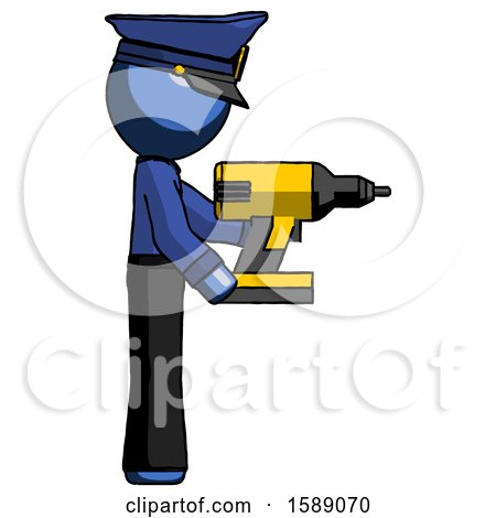 Blue Police Man Using Drill Drilling Something on Right Side by Leo Blanchette