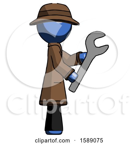 Blue Detective Man Using Wrench Adjusting Something to Right by Leo Blanchette