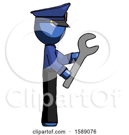 Blue Police Man Using Wrench Adjusting Something to Right by Leo Blanchette