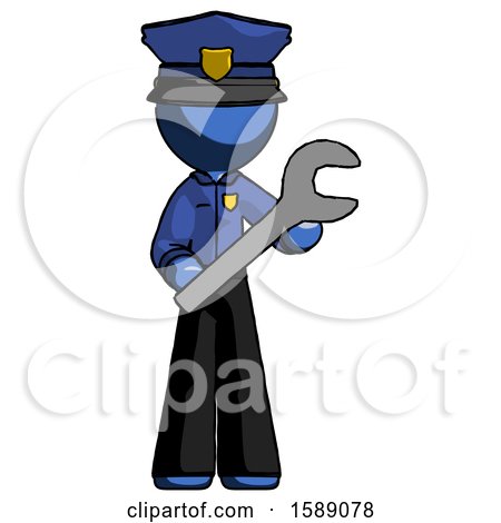 Blue Police Man Holding Large Wrench with Both Hands by Leo Blanchette