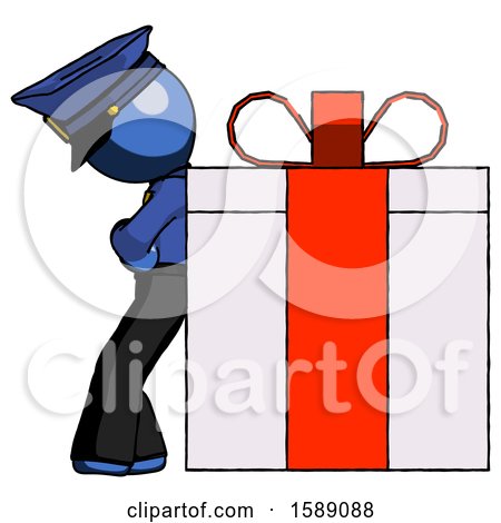 Blue Police Man Gift Concept - Leaning Against Large Present by Leo Blanchette