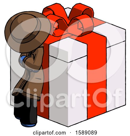 Blue Detective Man Leaning on Gift with Red Bow Angle View by Leo Blanchette