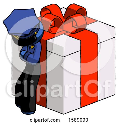 Blue Police Man Leaning on Gift with Red Bow Angle View by Leo Blanchette