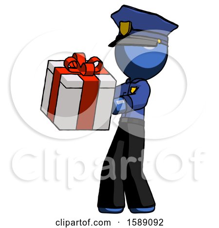 Blue Police Man Presenting a Present with Large Red Bow on It by Leo Blanchette