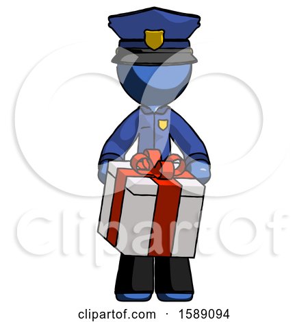 Blue Police Man Gifting Present with Large Bow Front View by Leo Blanchette