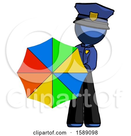 Blue Police Man Holding Rainbow Umbrella out to Viewer by Leo Blanchette