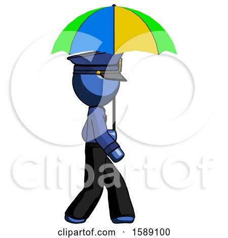Blue Police Man Walking with Colored Umbrella by Leo Blanchette