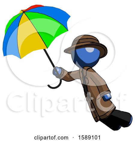 Blue Detective Man Flying with Rainbow Colored Umbrella by Leo Blanchette