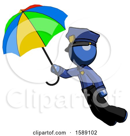 Blue Police Man Flying with Rainbow Colored Umbrella by Leo Blanchette