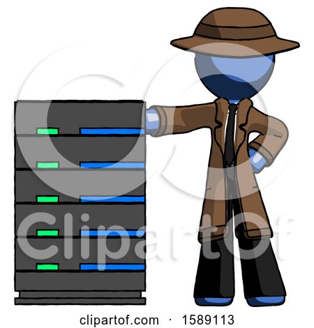 Blue Detective Man with Server Rack Leaning Confidently Against It by Leo Blanchette