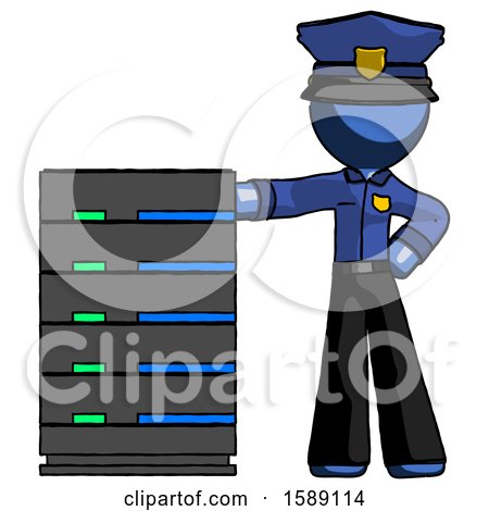 Blue Police Man with Server Rack Leaning Confidently Against It by Leo Blanchette