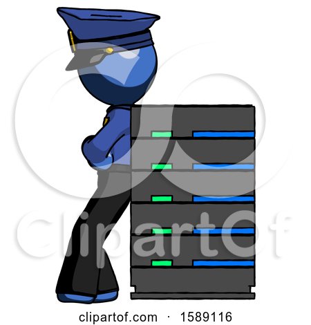 Blue Police Man Resting Against Server Rack by Leo Blanchette