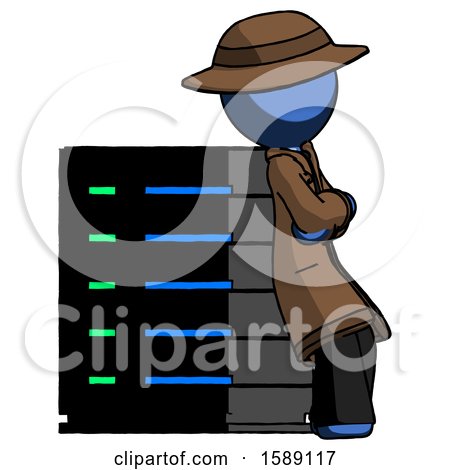Blue Detective Man Resting Against Server Rack Viewed at Angle by Leo Blanchette