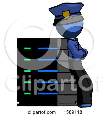 Blue Police Man Resting Against Server Rack Viewed at Angle by Leo Blanchette