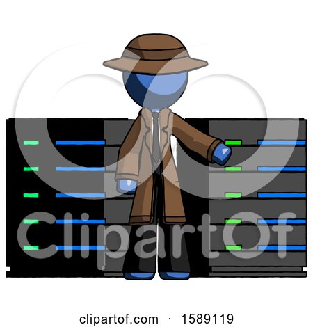Blue Detective Man with Server Racks, in Front of Two Networked Systems by Leo Blanchette